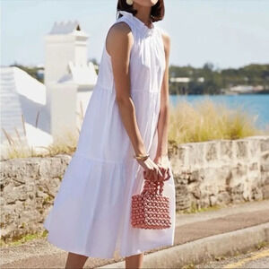 LAKE Poplin Ruffle Neck Dress in White Sleeveless Tiered Cotton Dress Sz M